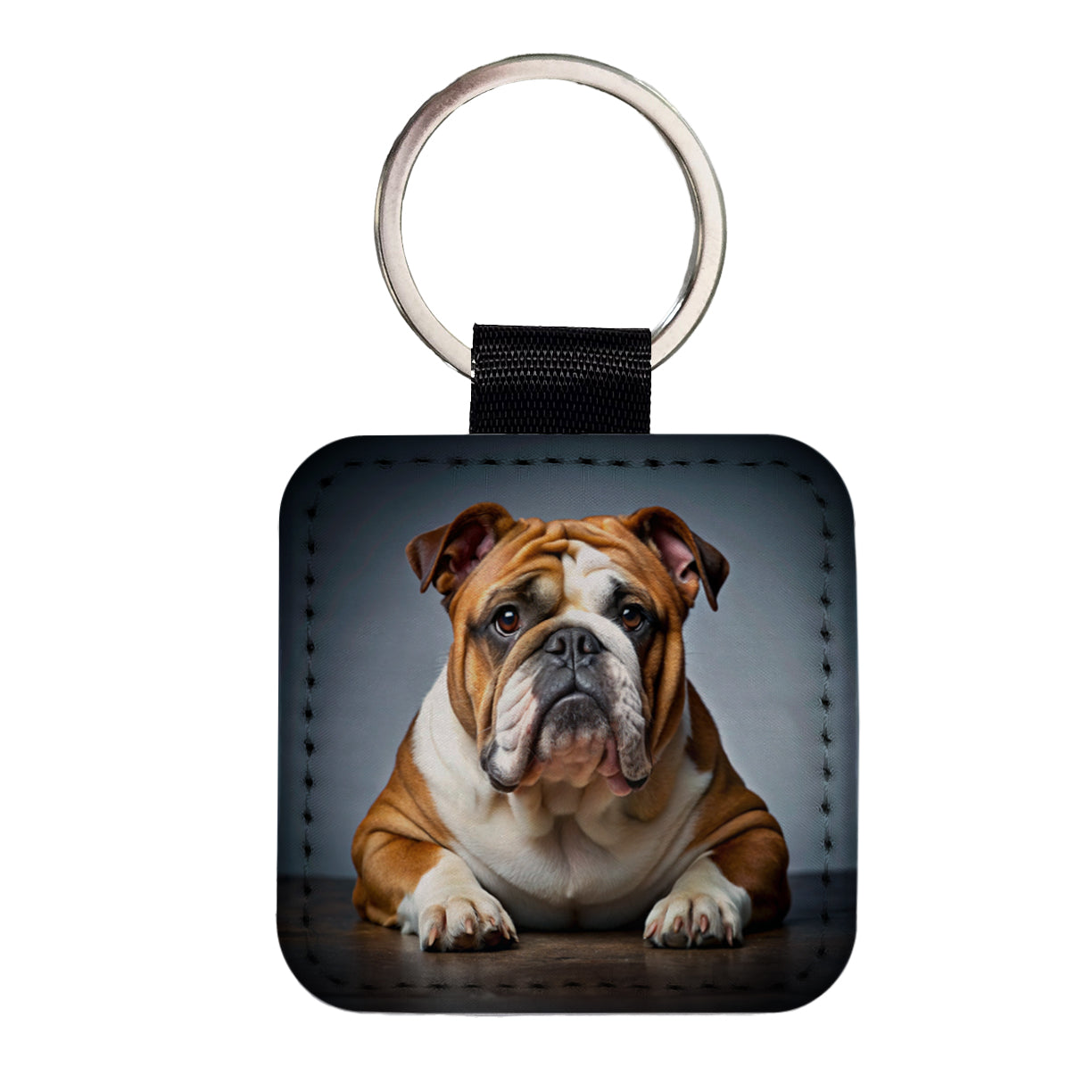 Bulldog Dog Photo Square Faux Leather Keychain
