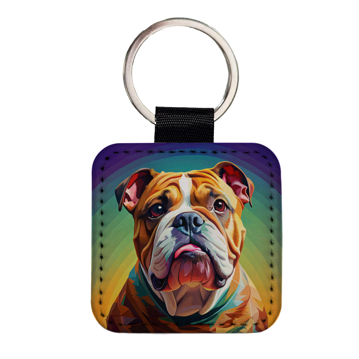 Bulldog Dog Pop Art Square Faux Leather Keychain