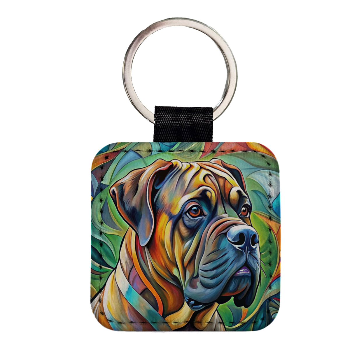 Bullmastiff Dog Abstract Art Square Faux Leather Keychain