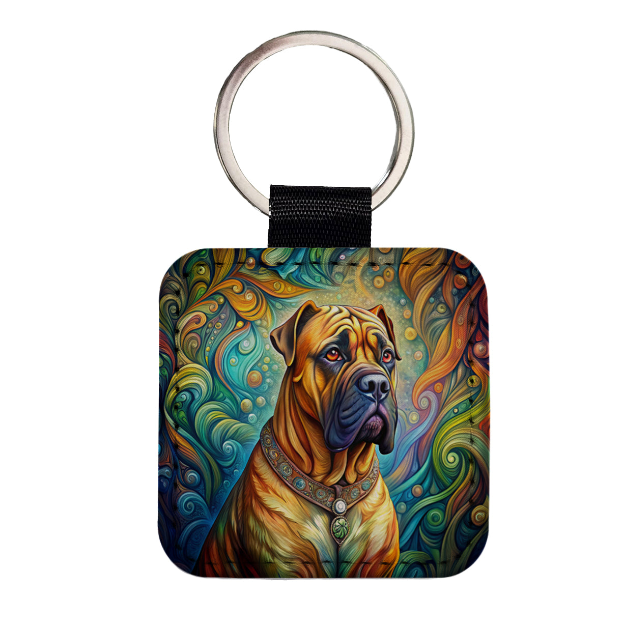 Bullmastiff Dog Bohemian Art Square Faux Leather Keychain
