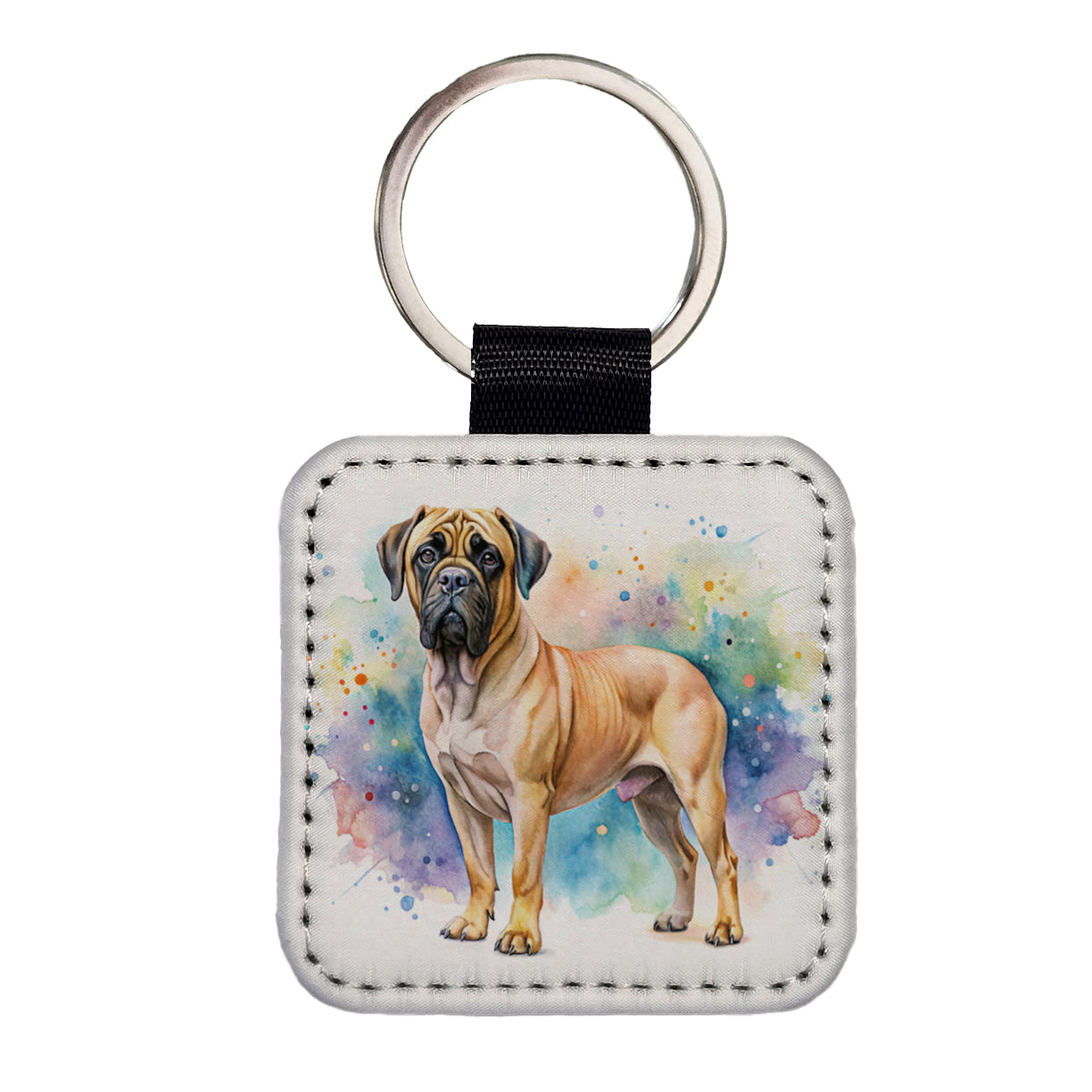 Bullmastiff Dog Watercolor Style Square Faux Leather Keychain