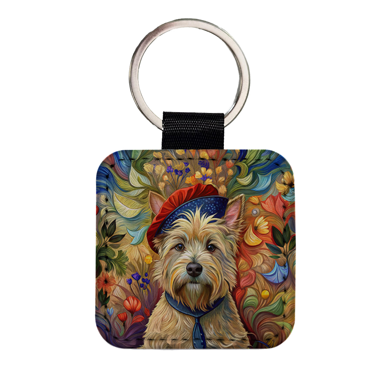 Cairn Terrier Dog French Bohemian Art Square Faux Leather Keychain