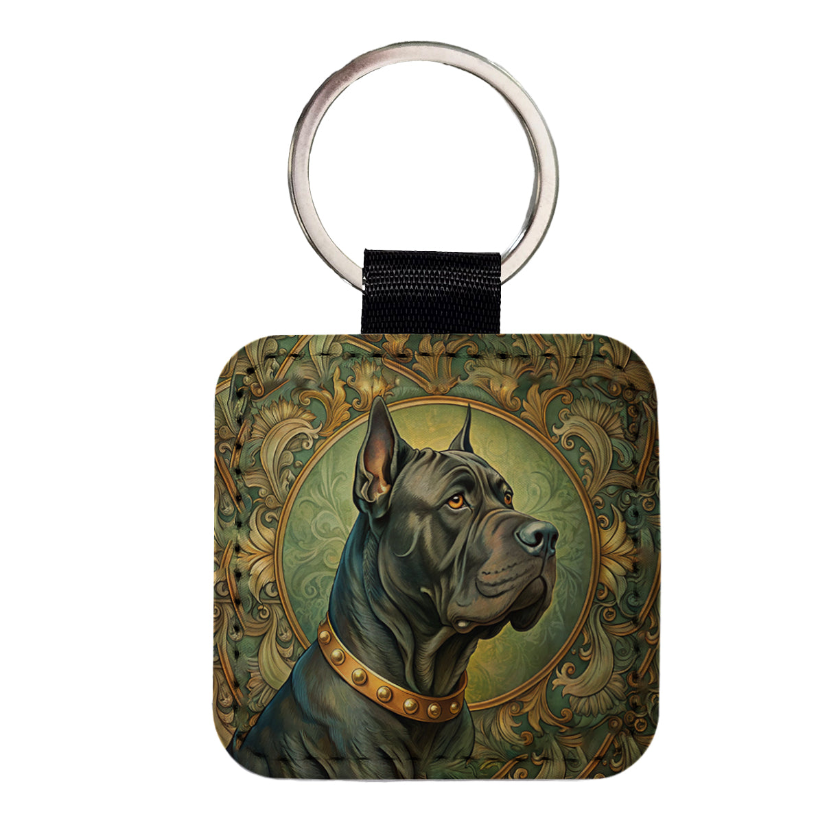 Cane Corso Dog Art Nouveau Square Faux Leather Keychain