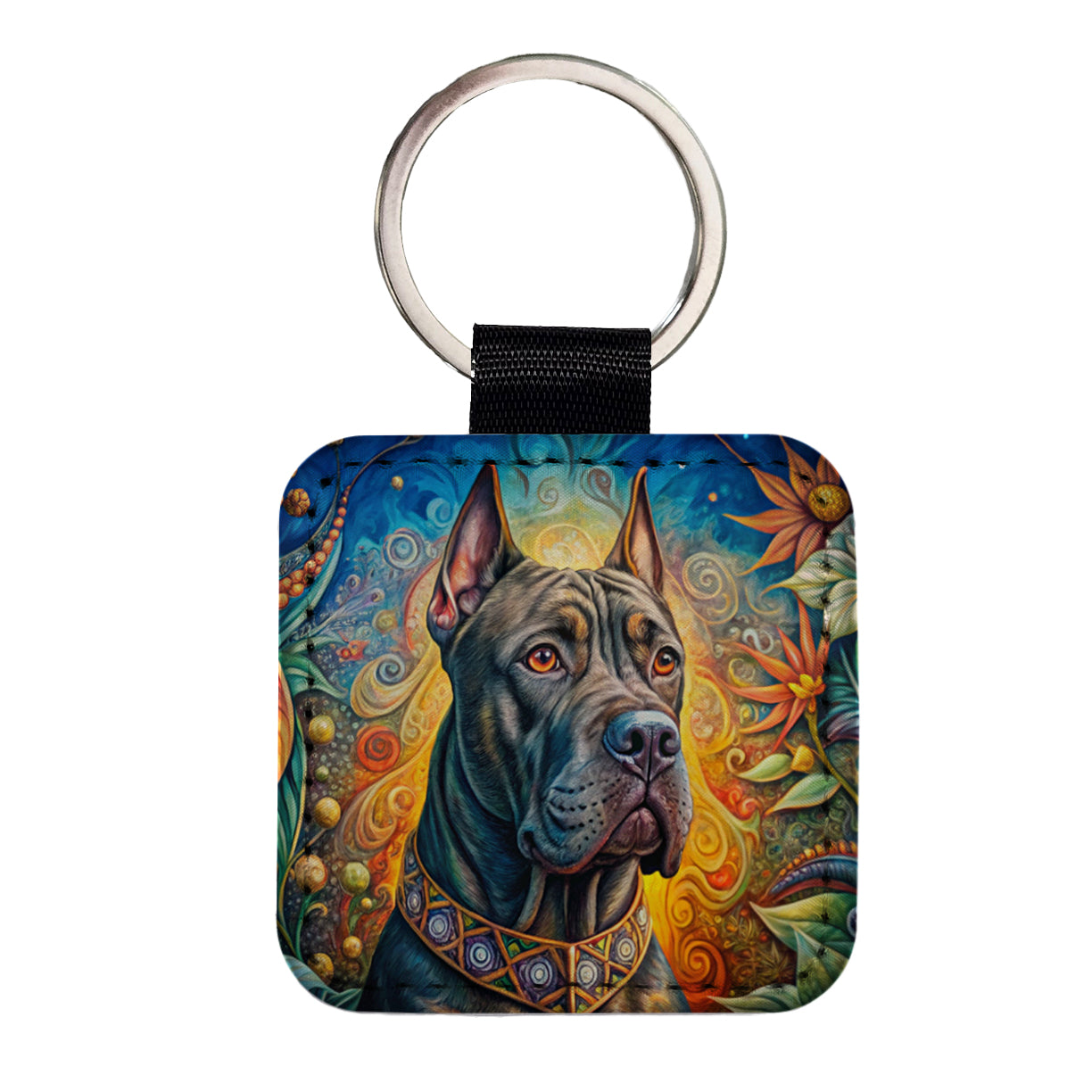Cane Corso Dog Bohemian Art Square Faux Leather Keychain