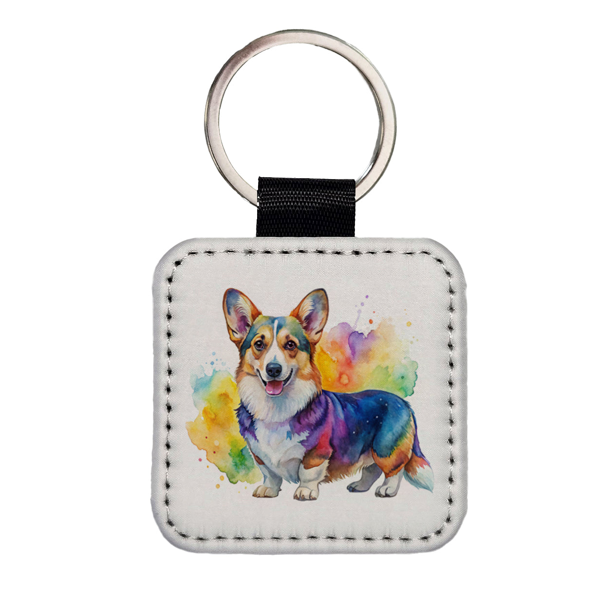 Cardigan Welsh Corgi Dog Watercolor Style Square Faux Leather Keychain