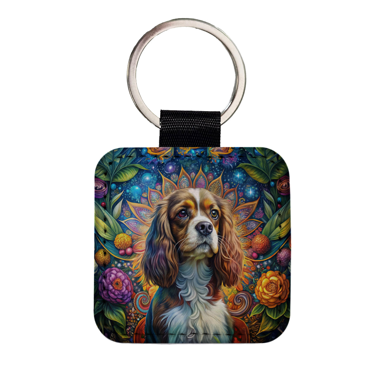 Cavalier King Charles Spaniel Dog Bohemian Art Square Faux Leather Keychain