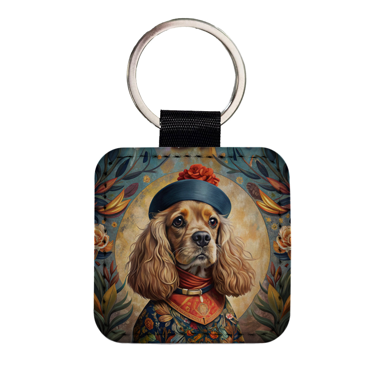 Cavalier King Charles Spaniel Dog French Bohemian Art Square Faux Leather Keychain