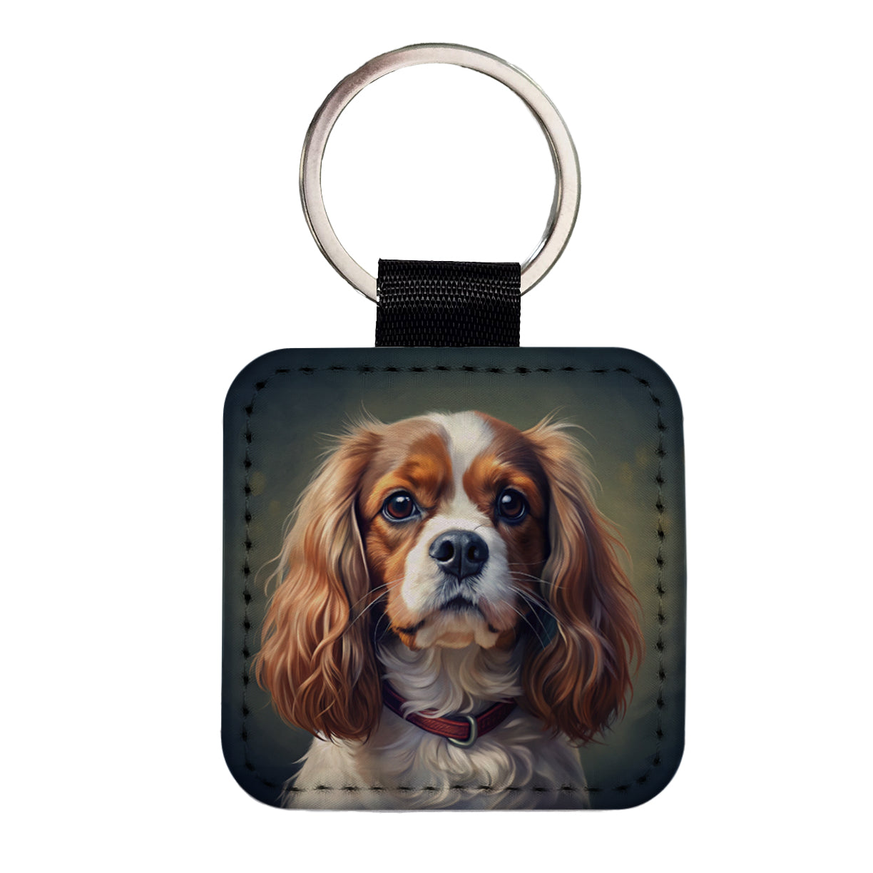 Cavalier King Charles Spaniel Dog Illustration Square Faux Leather Keychain