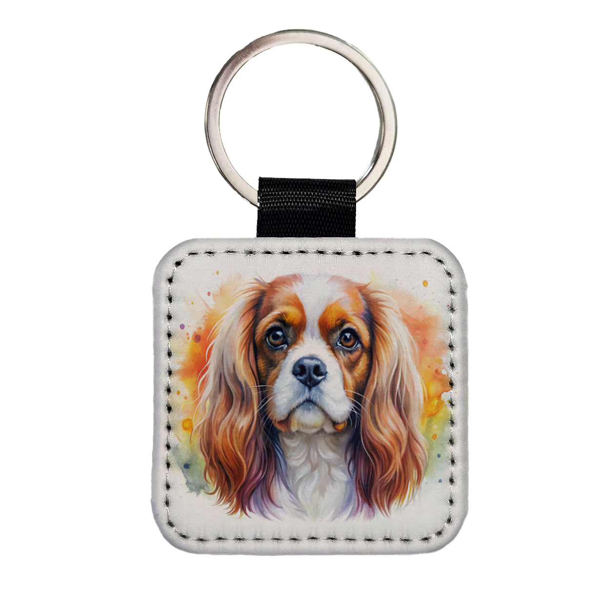 Cavalier King Charles Spaniel Dog Watercolor Style Square Faux Leather Keychain