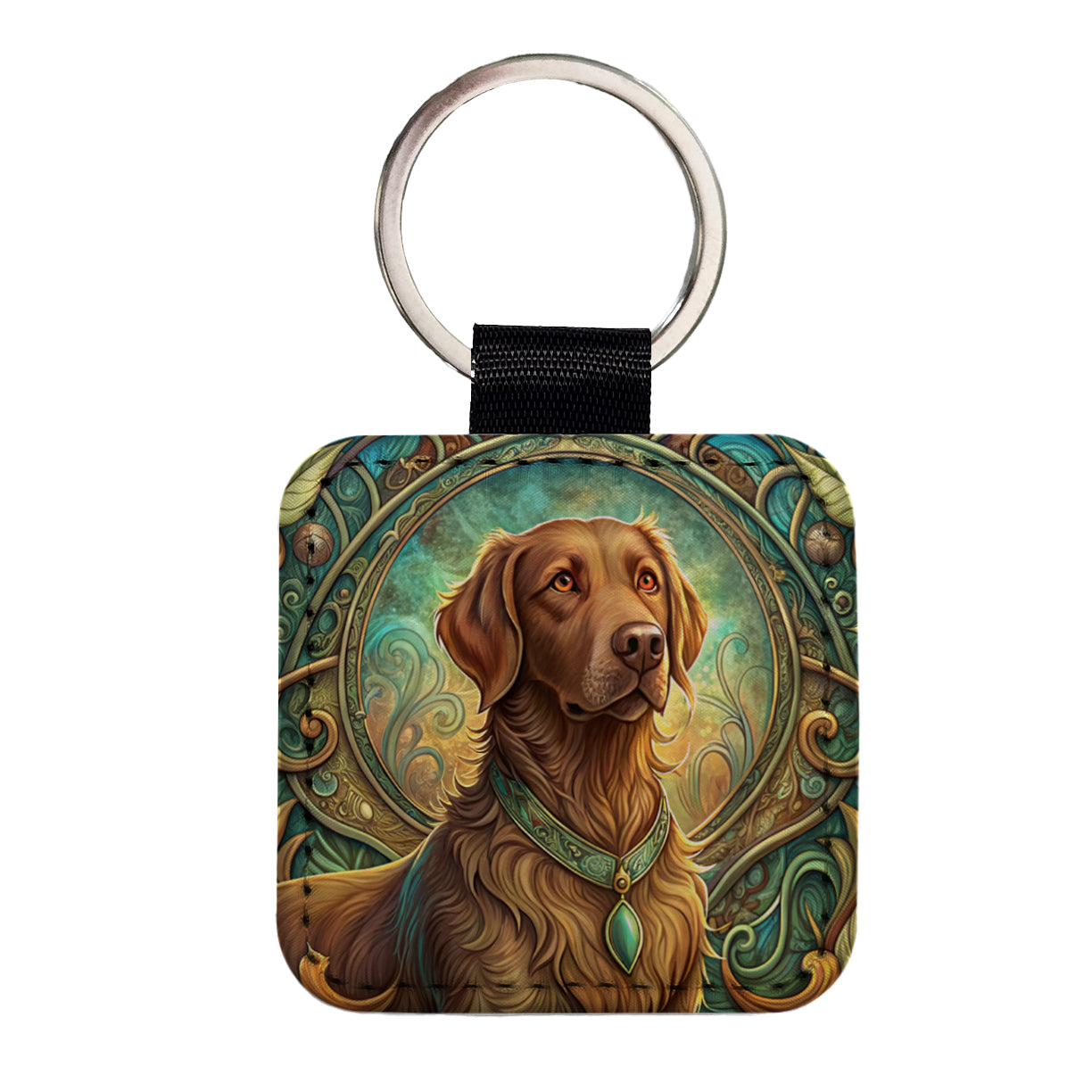 Chesapeake Bay Retriever Dog Art Nouveau Square Faux Leather Keychain