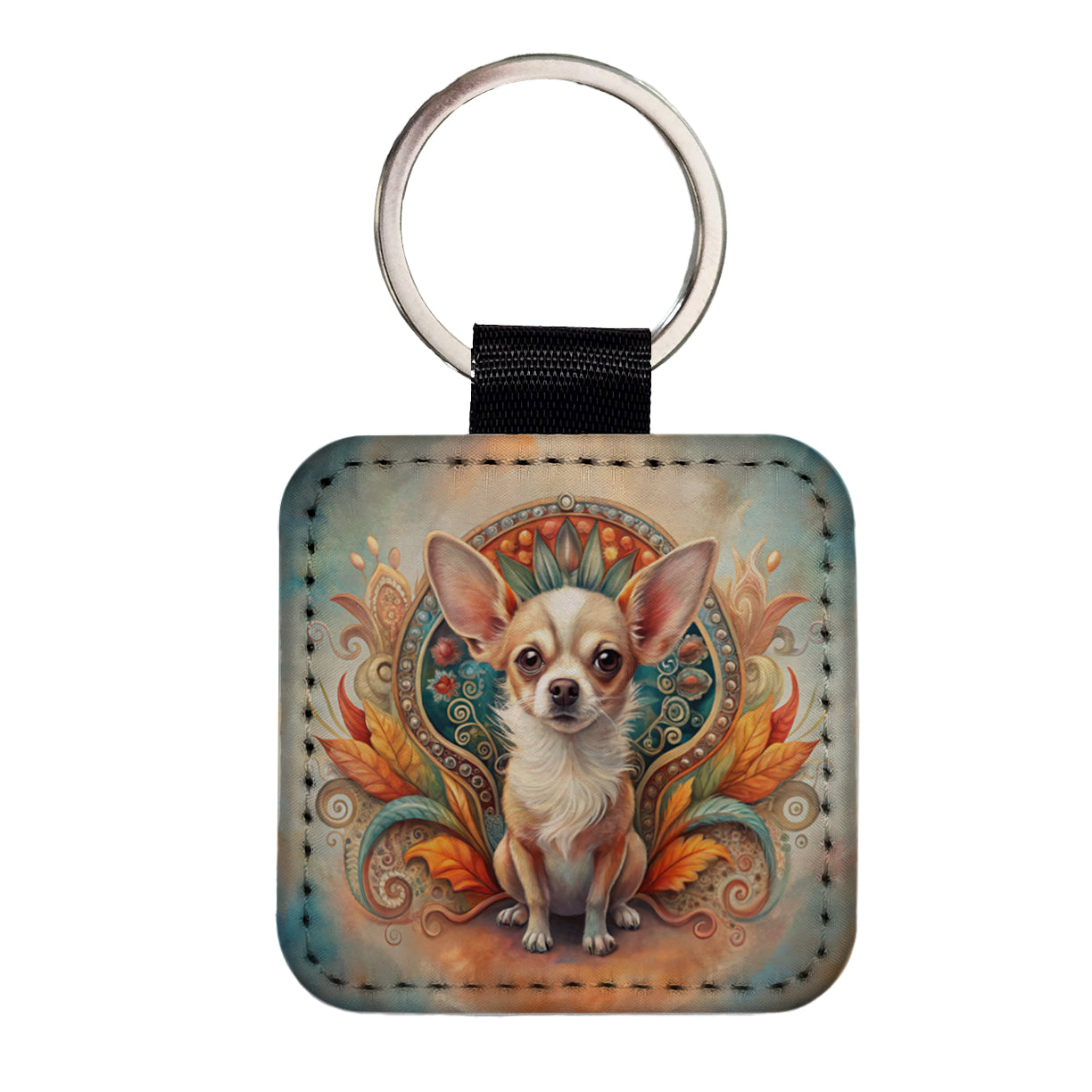 Chihuahua Dog Art Nouveau Square Faux Leather Keychain