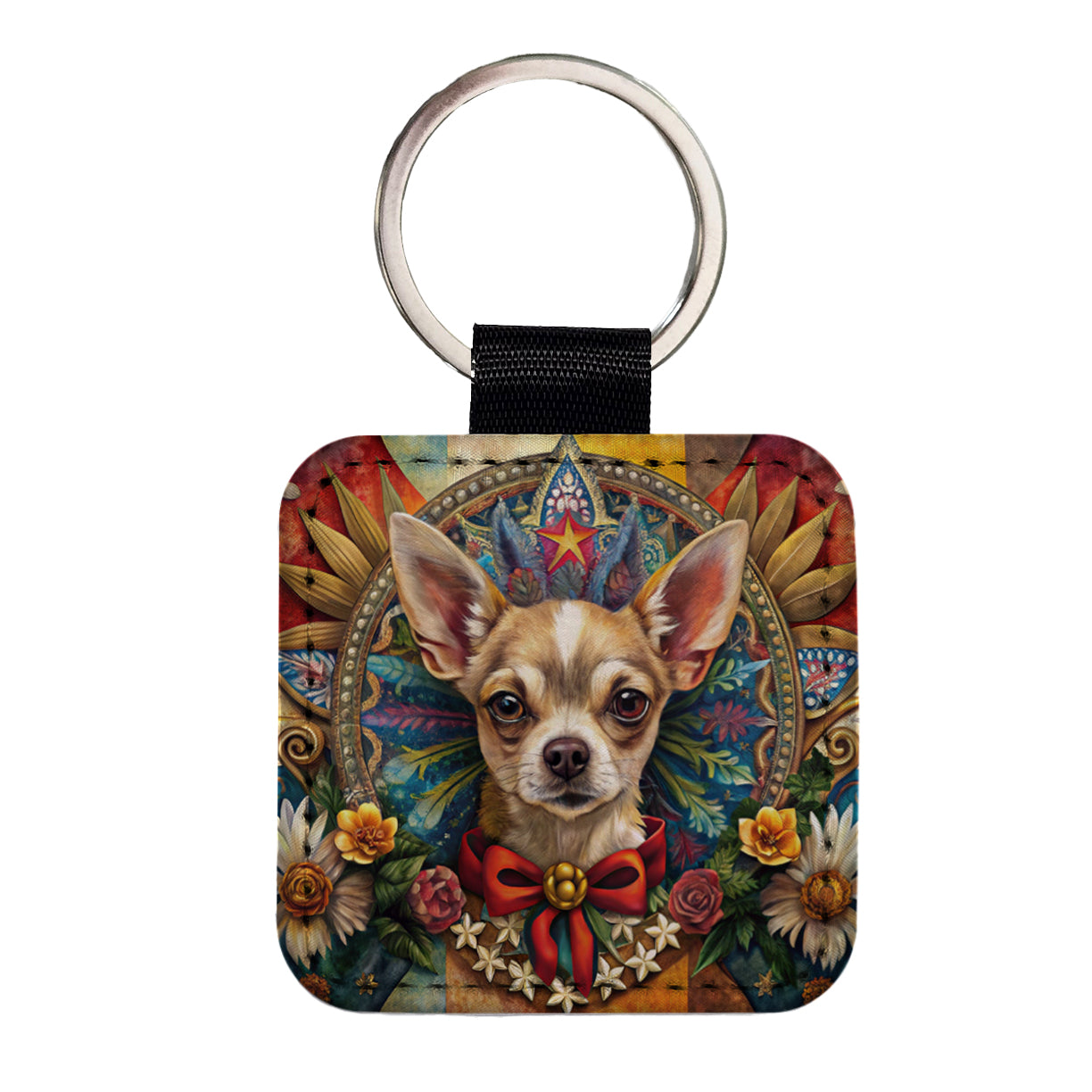 Chihuahua Dog French Bohemian Art Square Faux Leather Keychain