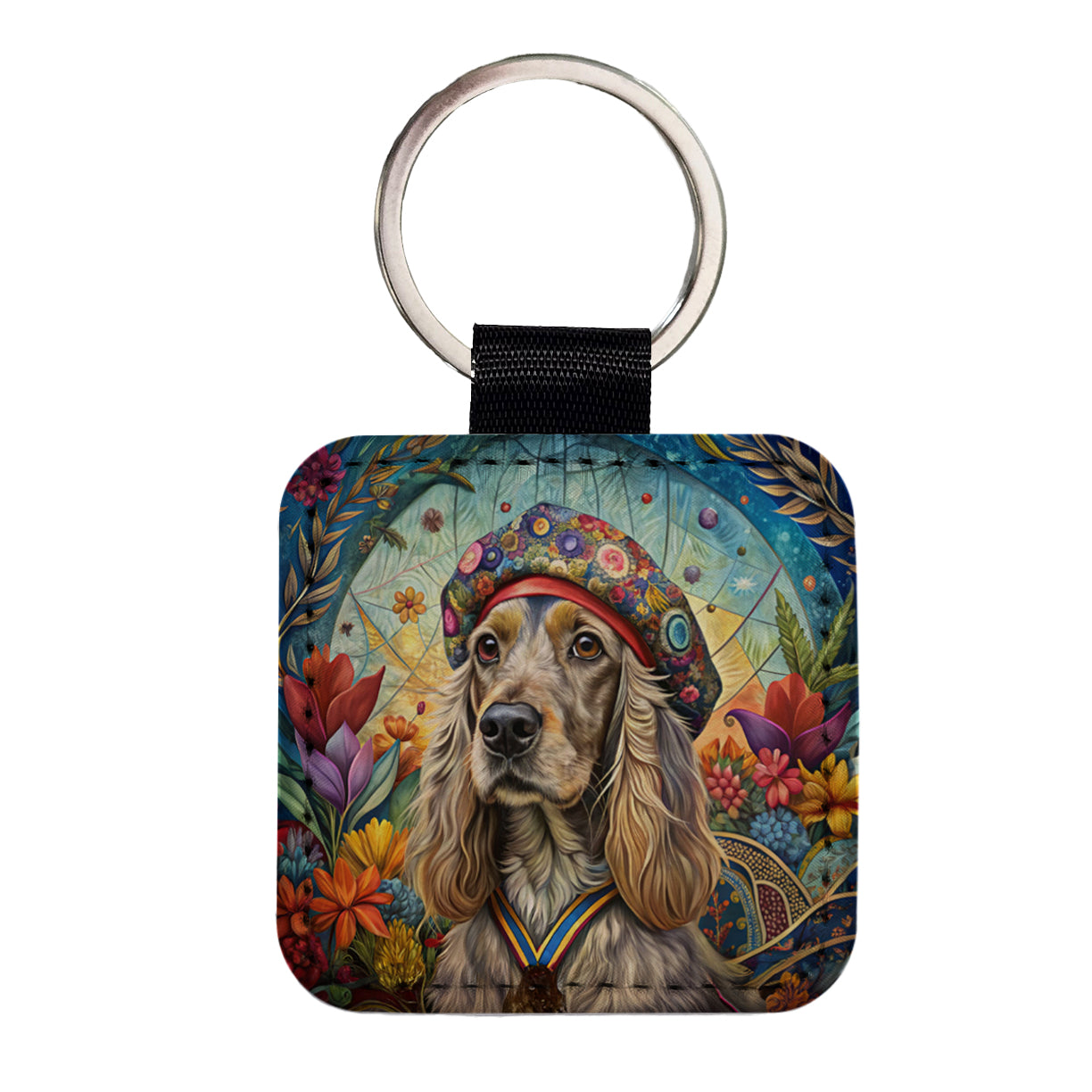 Cocker Spaniel Dog French Bohemian Art Square Faux Leather Keychain