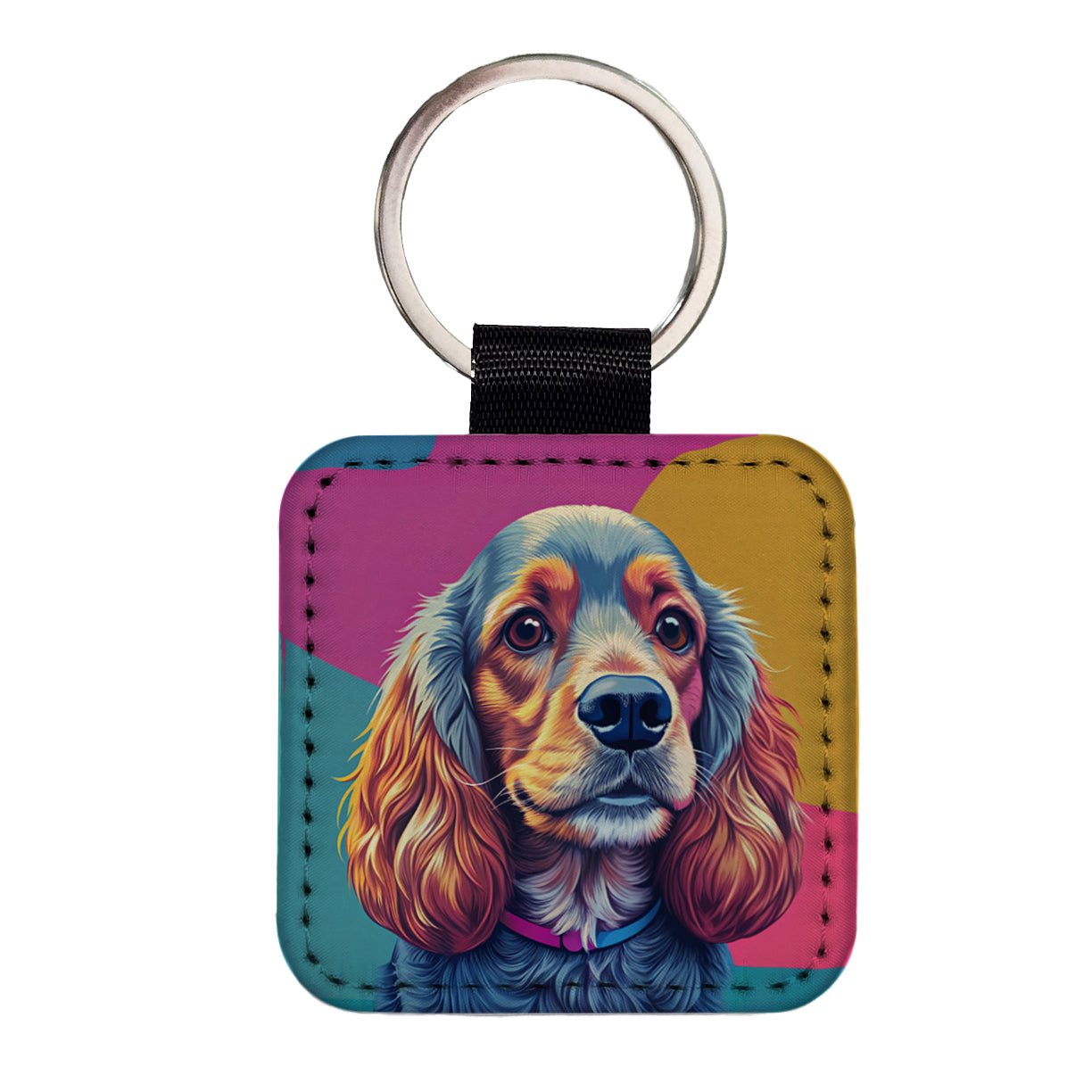 Cocker Spaniel Dog Pop Art Square Faux Leather Keychain