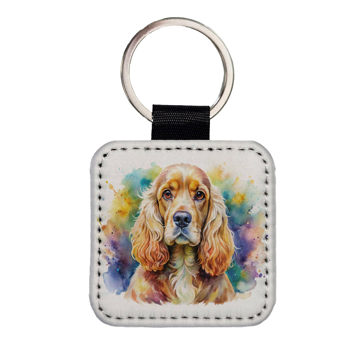 Cocker Spaniel Dog Watercolor Style Square Faux Leather Keychain
