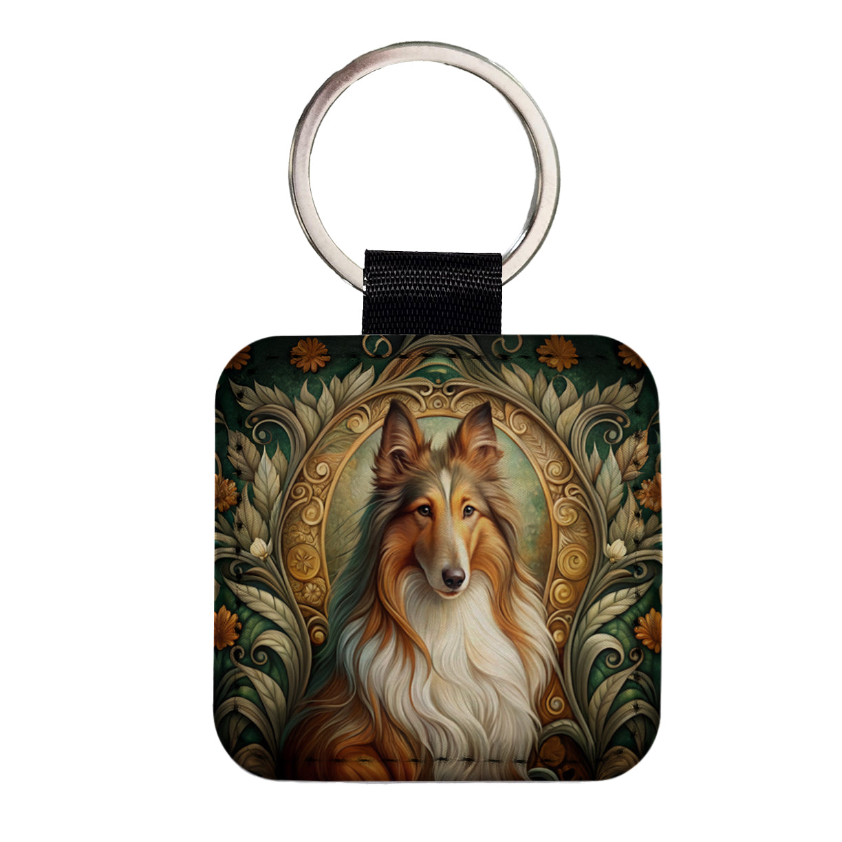 Collie Dog Art Nouveau Square Faux Leather Keychain
