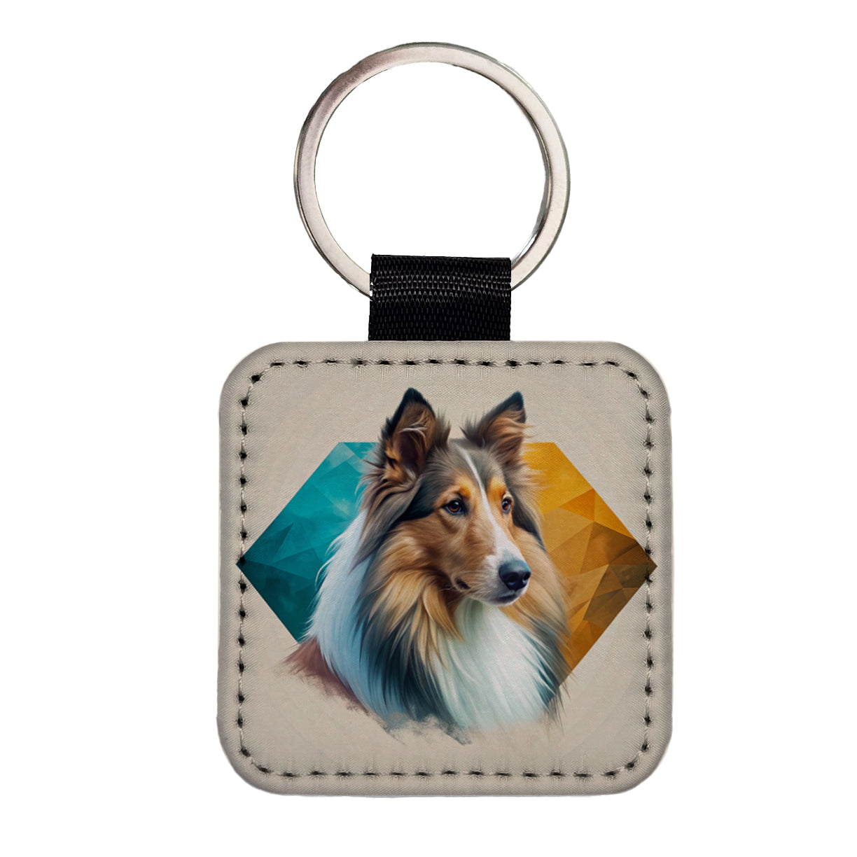 Collie Dog Contemporary Art Square Faux Leather Keychain