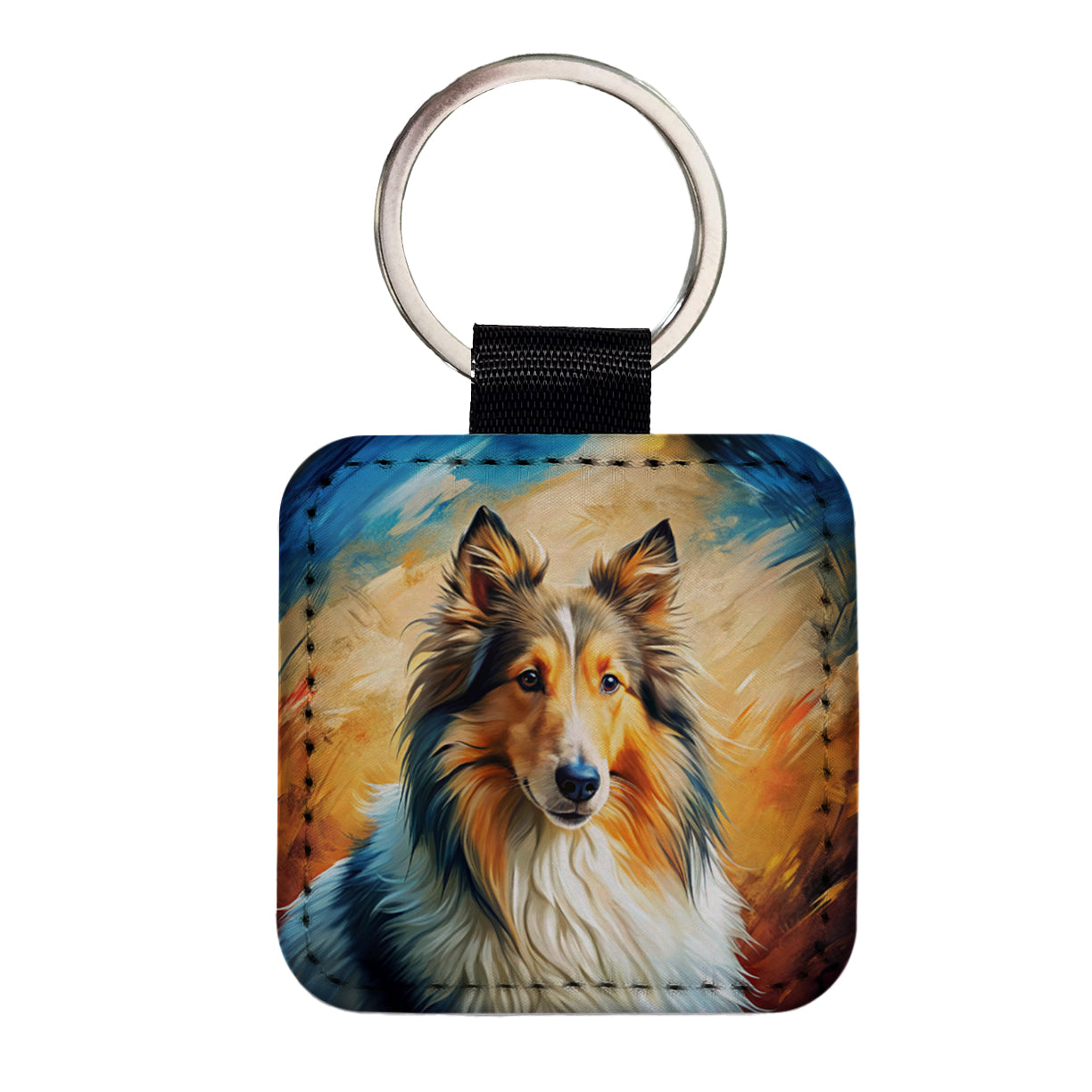 Collie Dog Expressionism Art Square Faux Leather Keychain