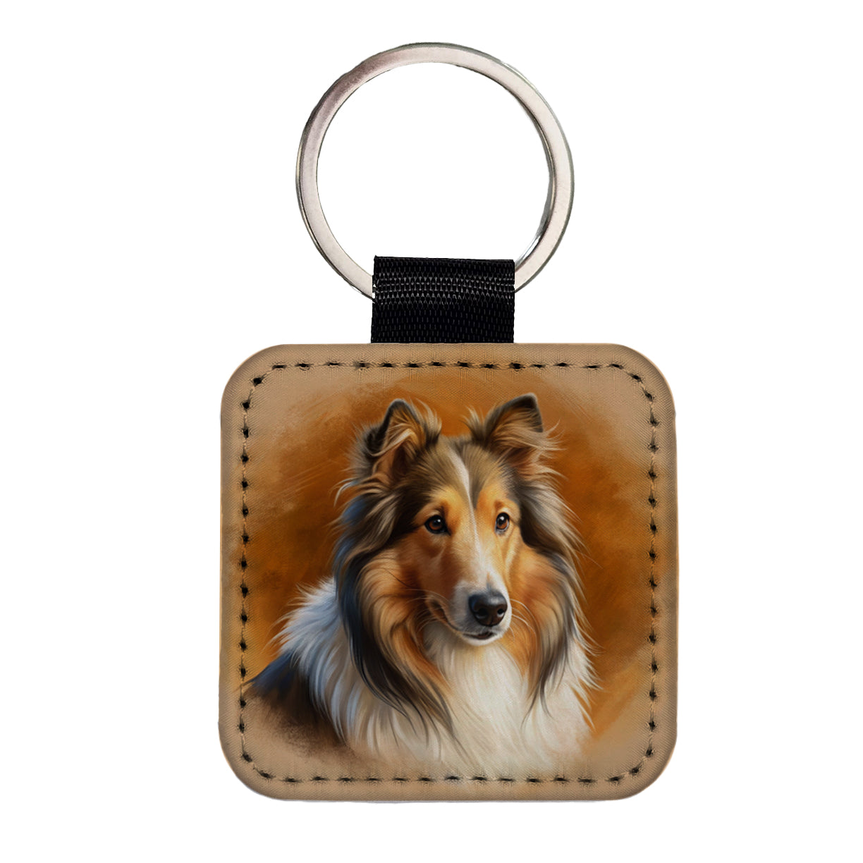 Collie Dog Illustration Square Faux Leather Keychain