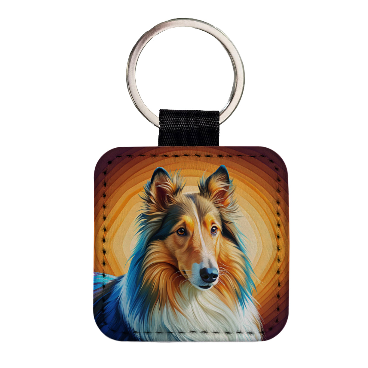 Collie Dog Pop Art Square Faux Leather Keychain