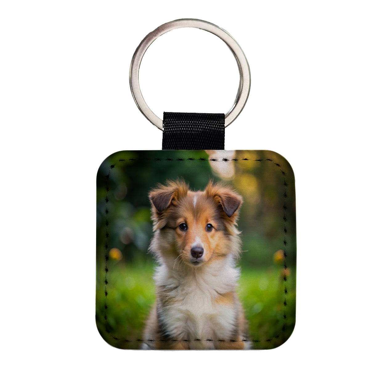 Collie Dog Puppy Photo Square Faux Leather Keychain