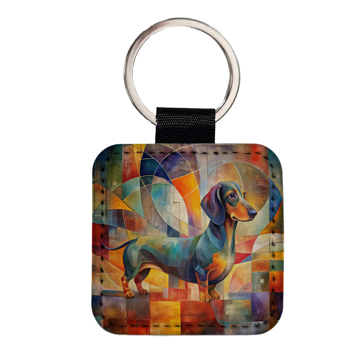 Dachshund Dog Abstract Art Square Faux Leather Keychain