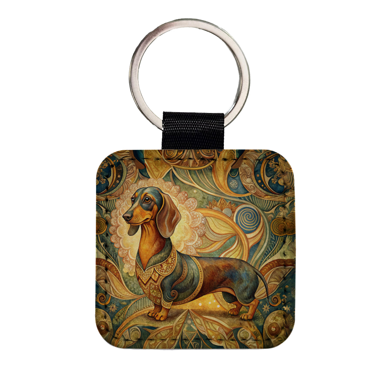 Dachshund Dog Art Nouveau Square Faux Leather Keychain