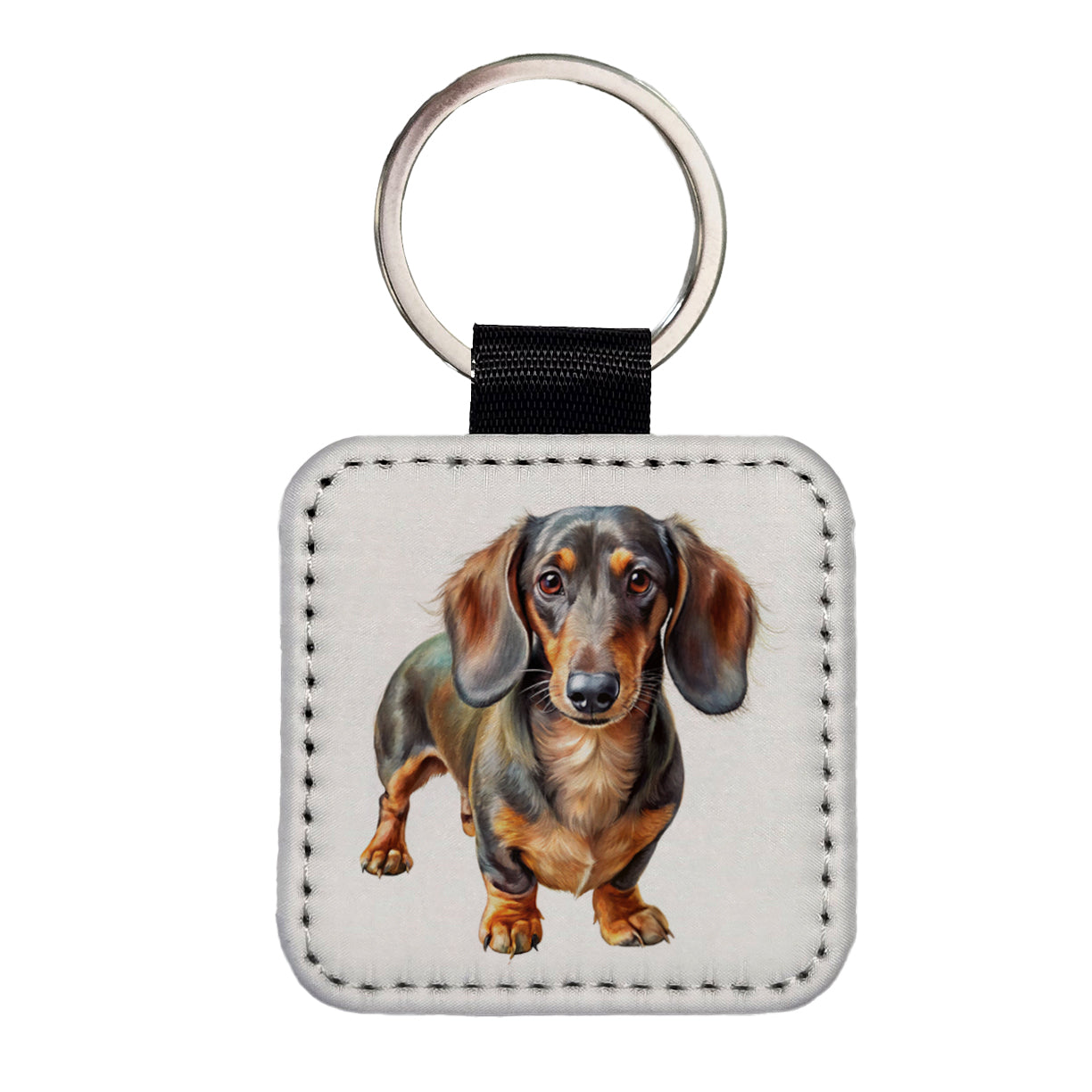 Dachshund Dog Illustration Square Faux Leather Keychain