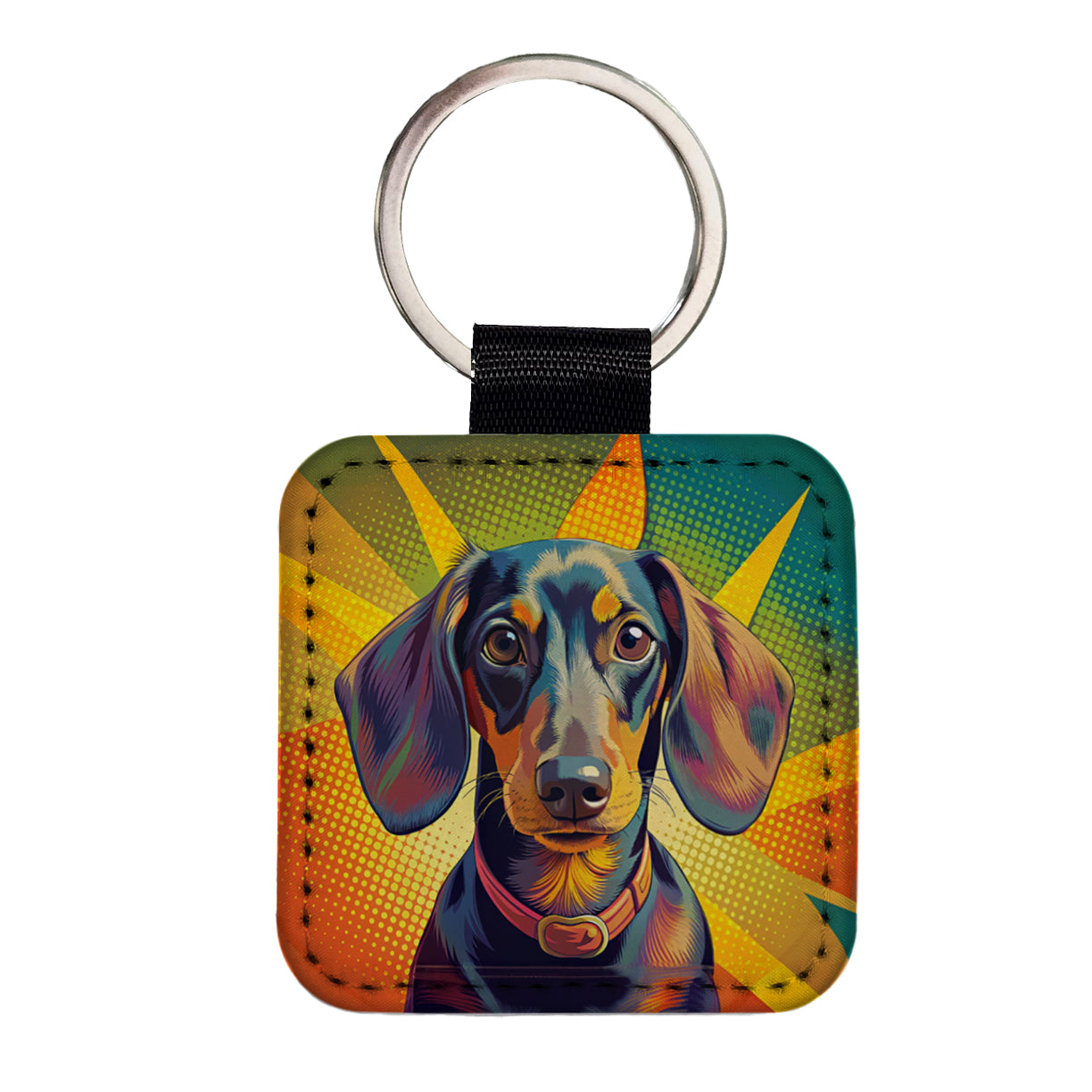 Dachshund Dog Pop Art Square Faux Leather Keychain