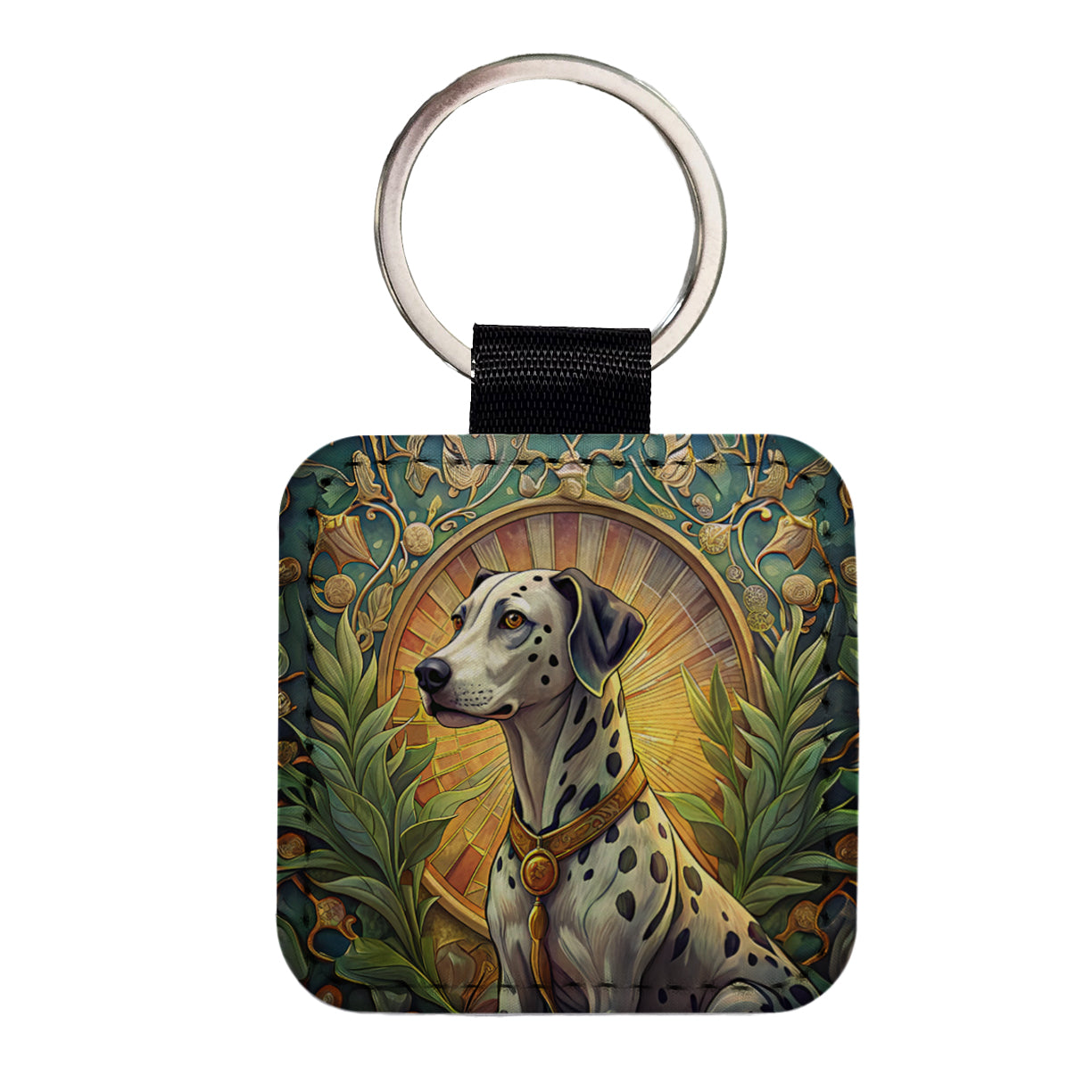 Dalmatian Dog Art Nouveau Square Faux Leather Keychain