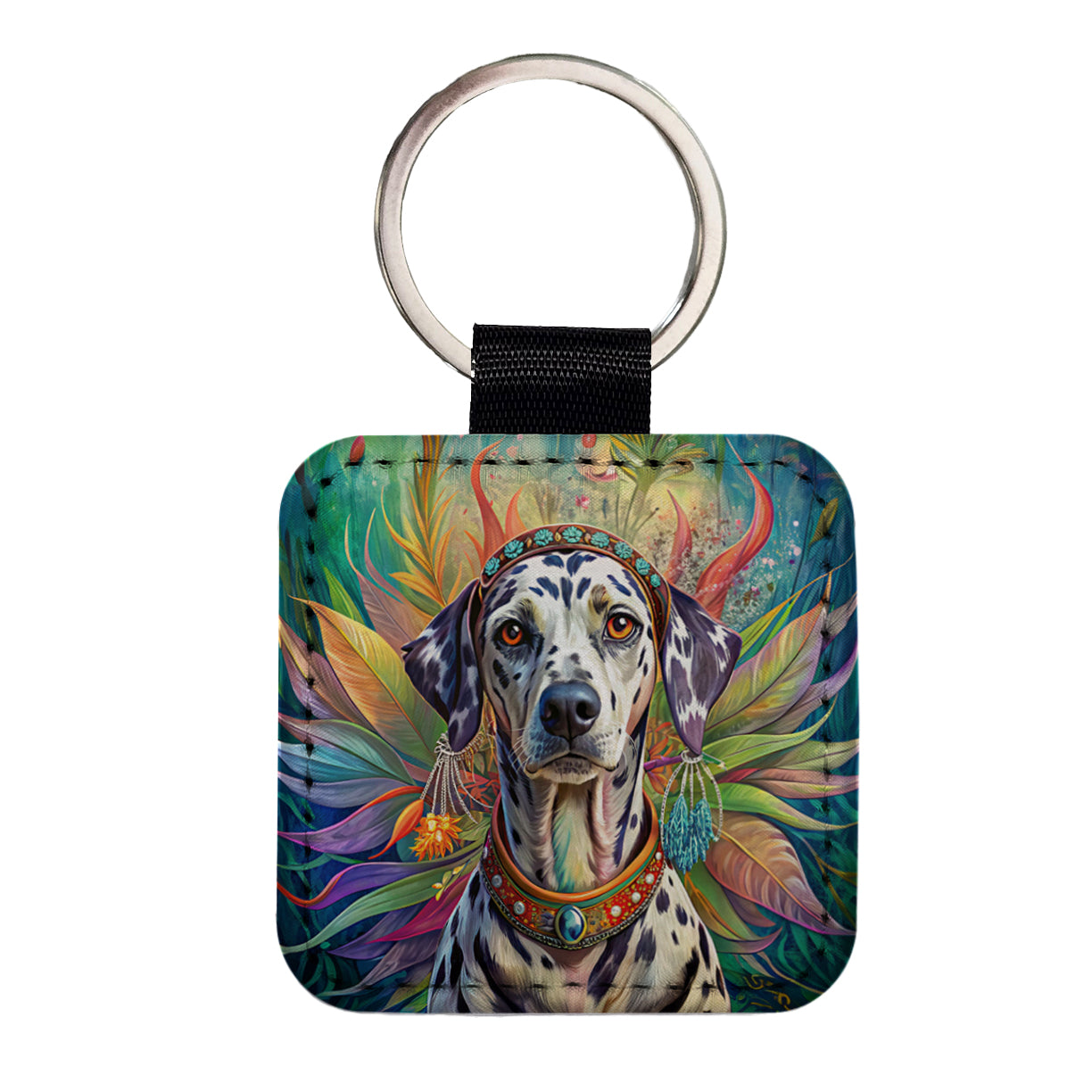 Dalmatian Dog Bohemian Art Square Faux Leather Keychain