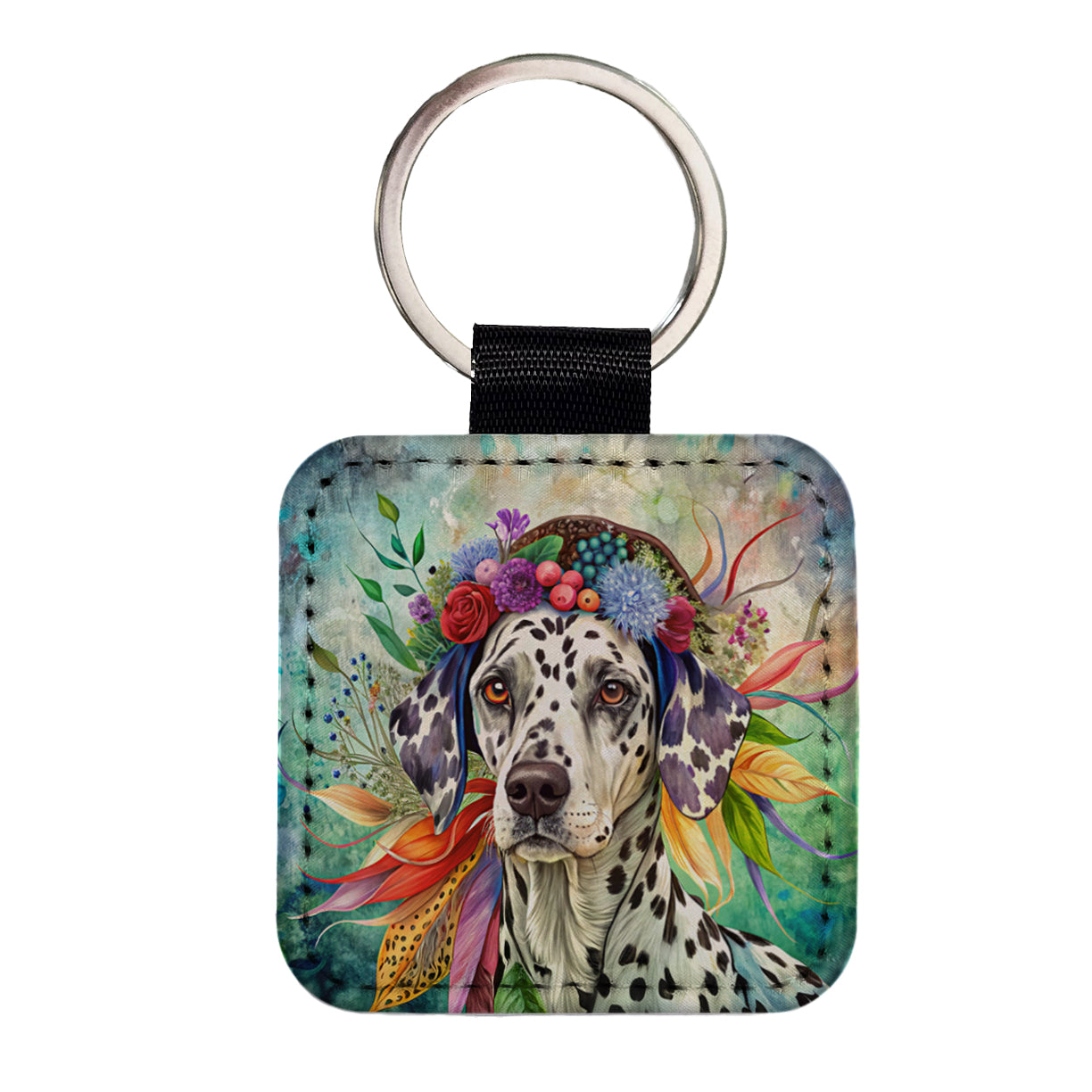 Dalmatian Dog French Bohemian Art Square Faux Leather Keychain