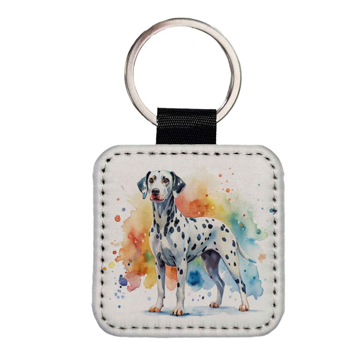 Dalmatian Dog Watercolor Style Square Faux Leather Keychain