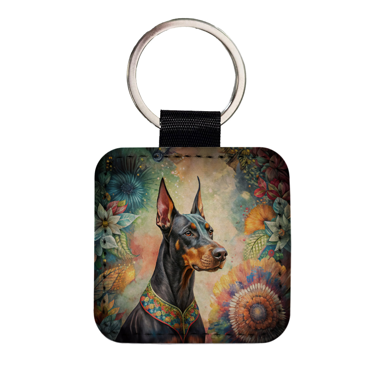Doberman Pinscher Dog Bohemian Art Square Faux Leather Keychain