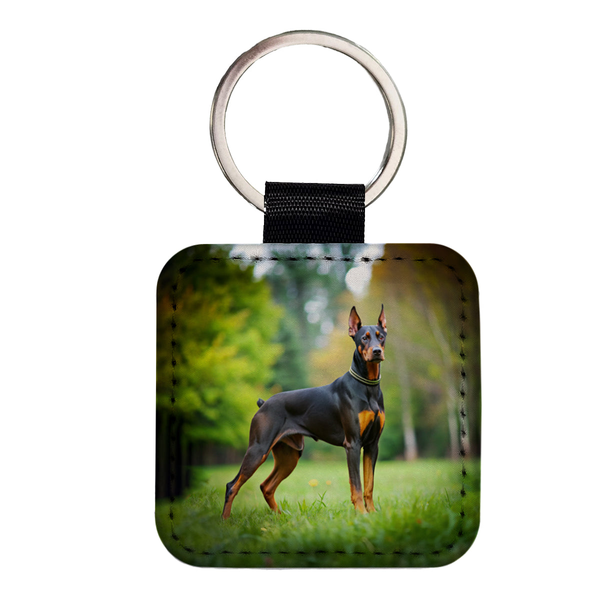 Doberman Pinscher Dog Photo Square Faux Leather Keychain