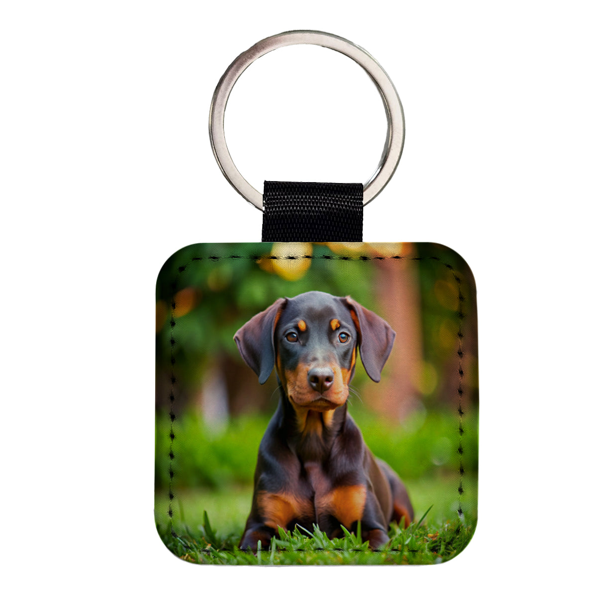 Doberman Pinscher Dog Puppy Photo Square Faux Leather Keychain