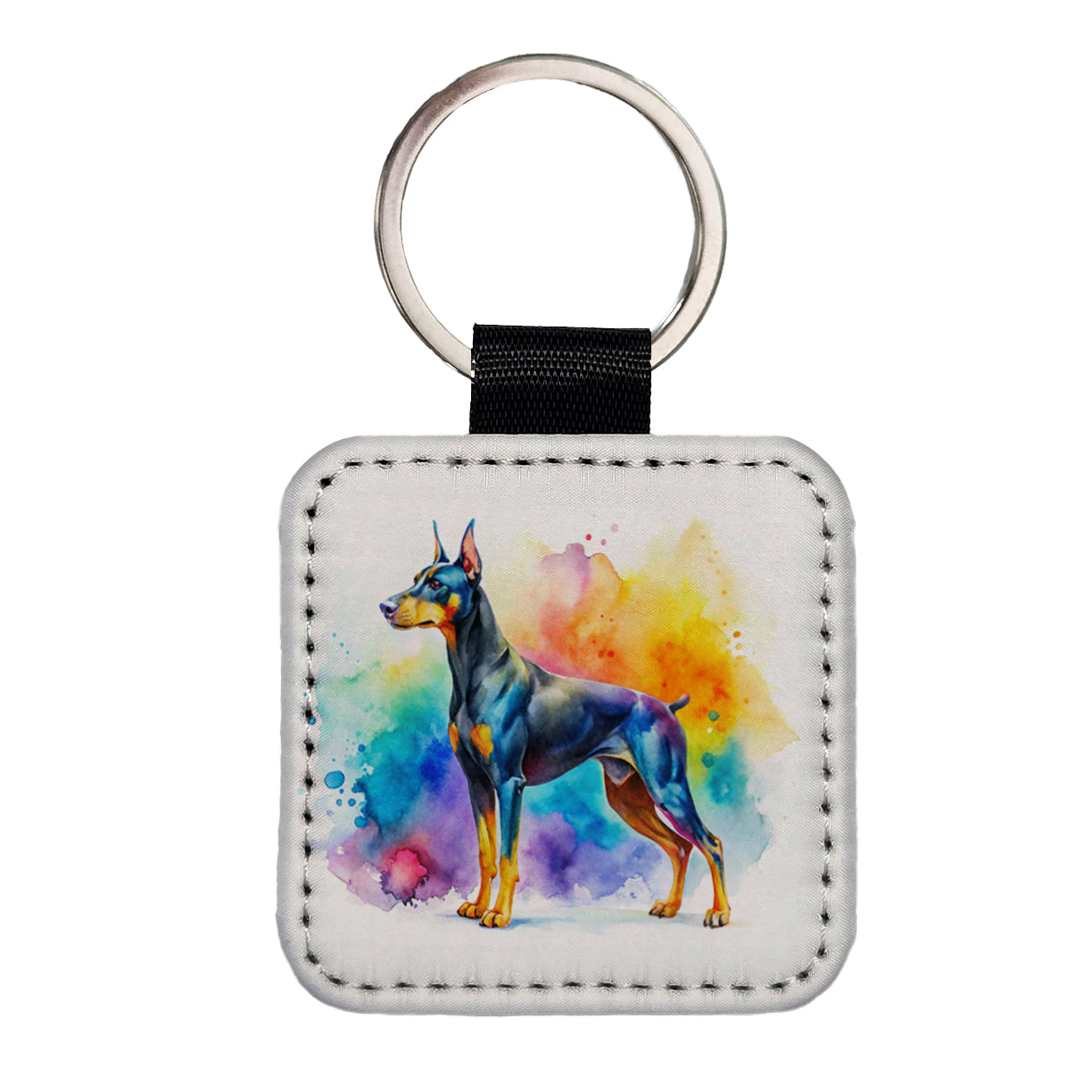 Doberman Pinscher Dog Watercolor Style Square Faux Leather Keychain