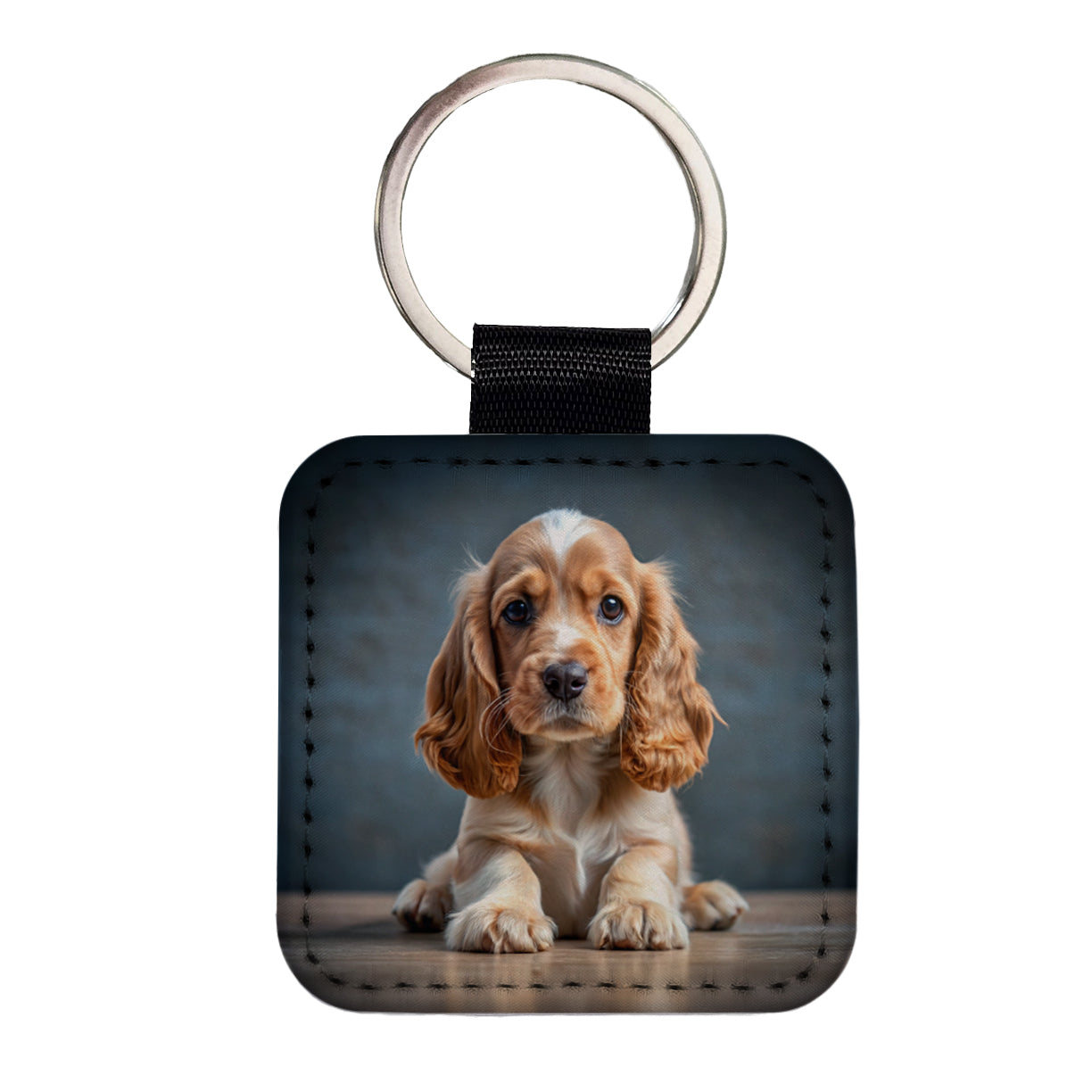 English Cocker Spaniel Dog Puppy Photo Square Faux Leather Keychain