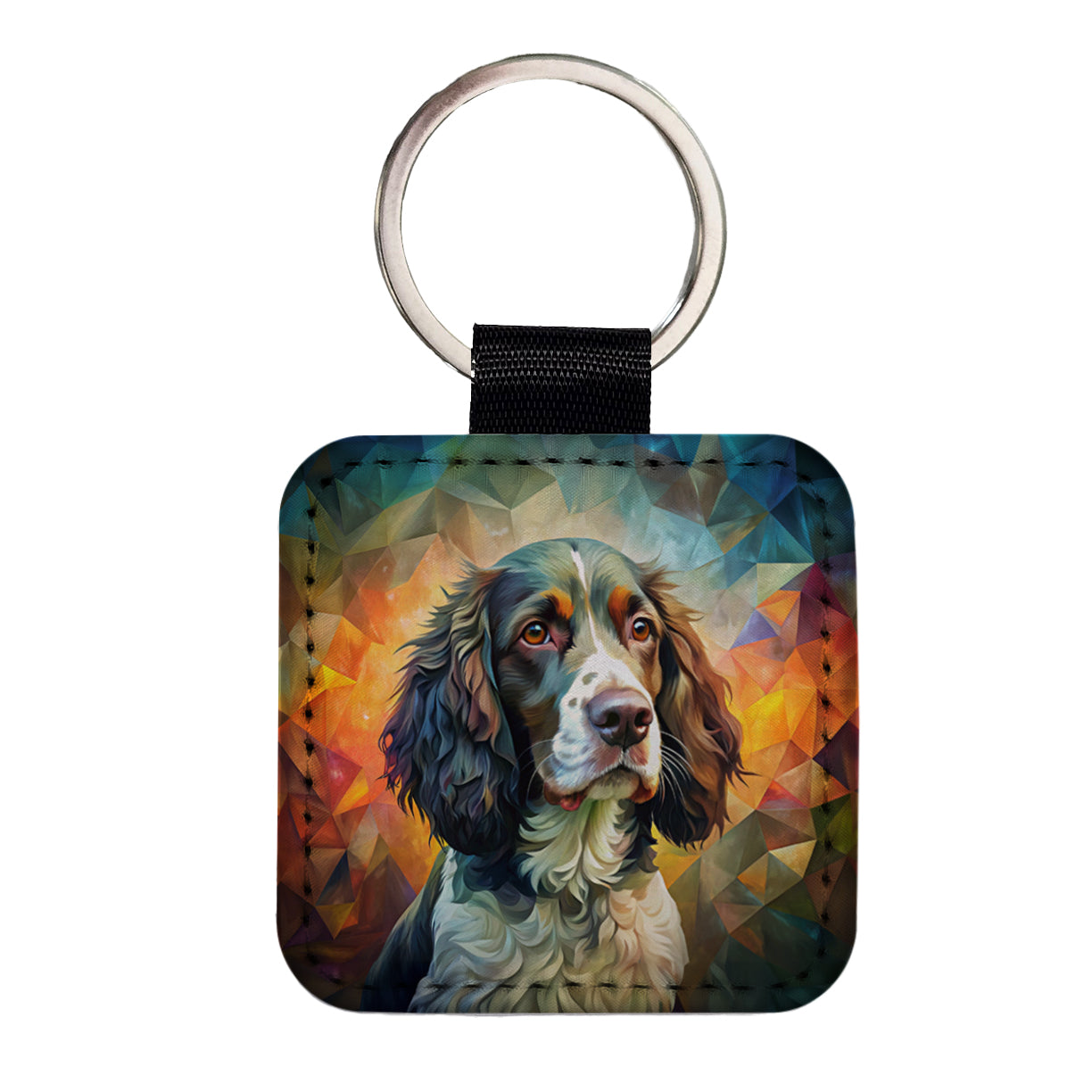 English Springer Spaniel Dog Abstract Art Square Faux Leather Keychain