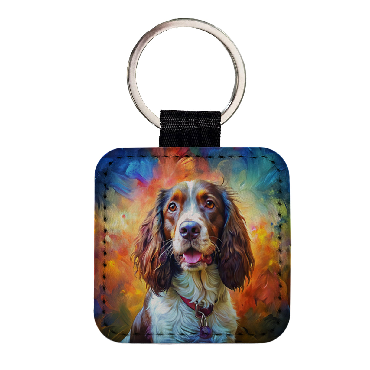 English Springer Spaniel Dog Expressionism Art Square Faux Leather Keychain