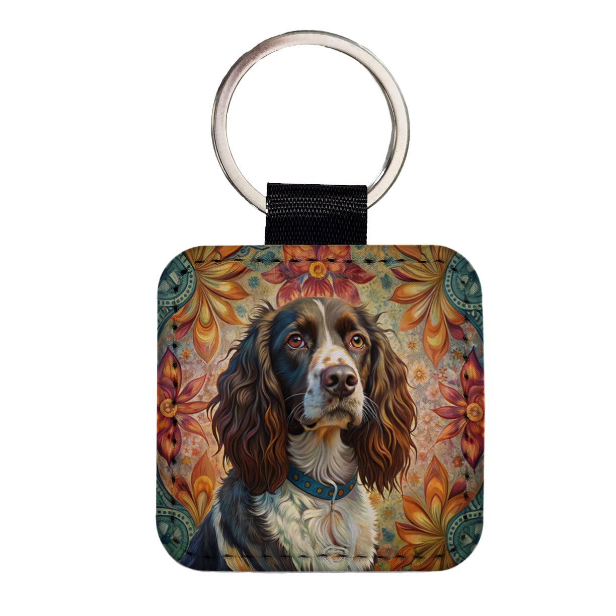 English Springer Spaniel Dog French Bohemian Art Square Faux Leather Keychain