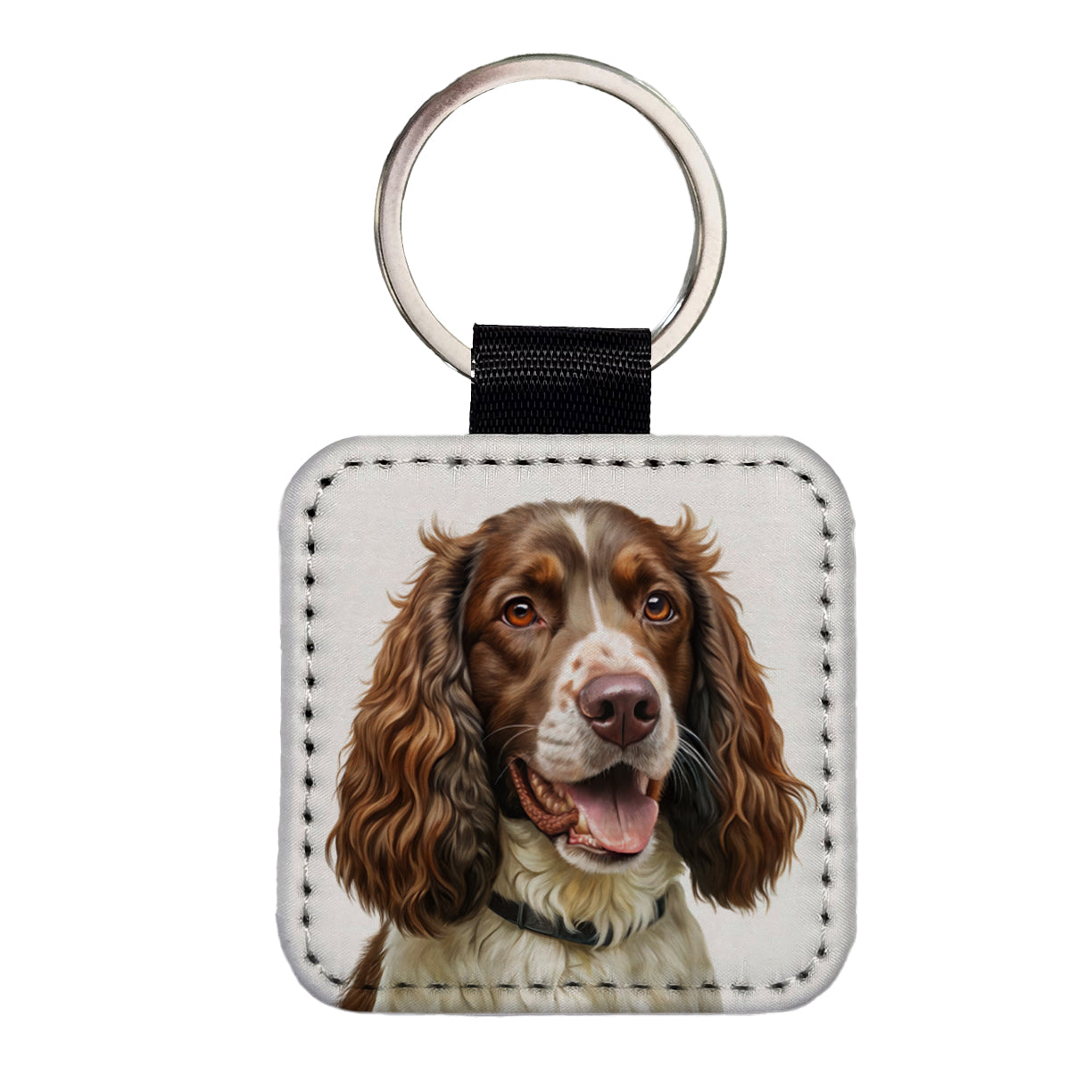 English Springer Spaniel Dog Illustration Square Faux Leather Keychain