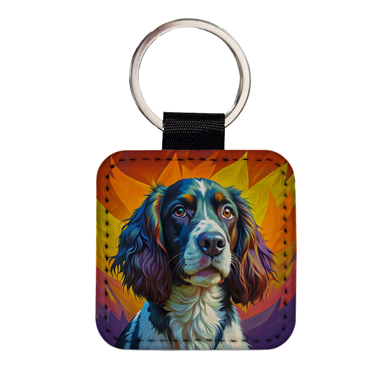 English Springer Spaniel Dog Pop Art Square Faux Leather Keychain
