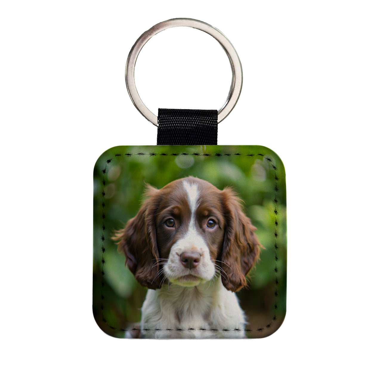 English Springer Spaniel Dog Puppy Photo Square Faux Leather Keychain