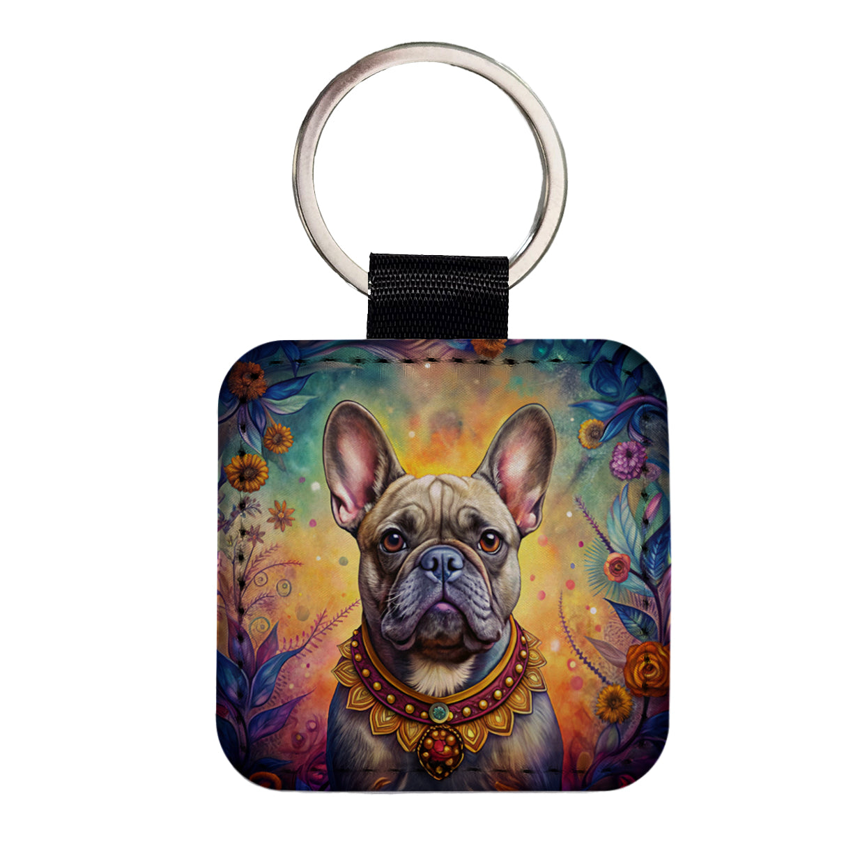 French Bulldog Frenchie Dog Bohemian Art Square Faux Leather Keychain