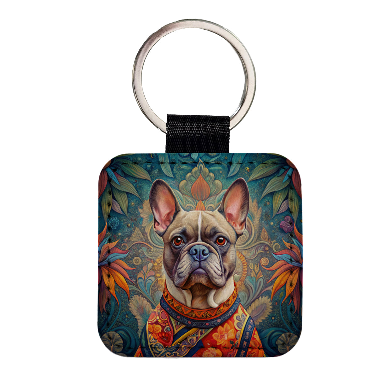 French Bulldog Frenchie Dog French Bohemian Art Square Faux Leather Keychain