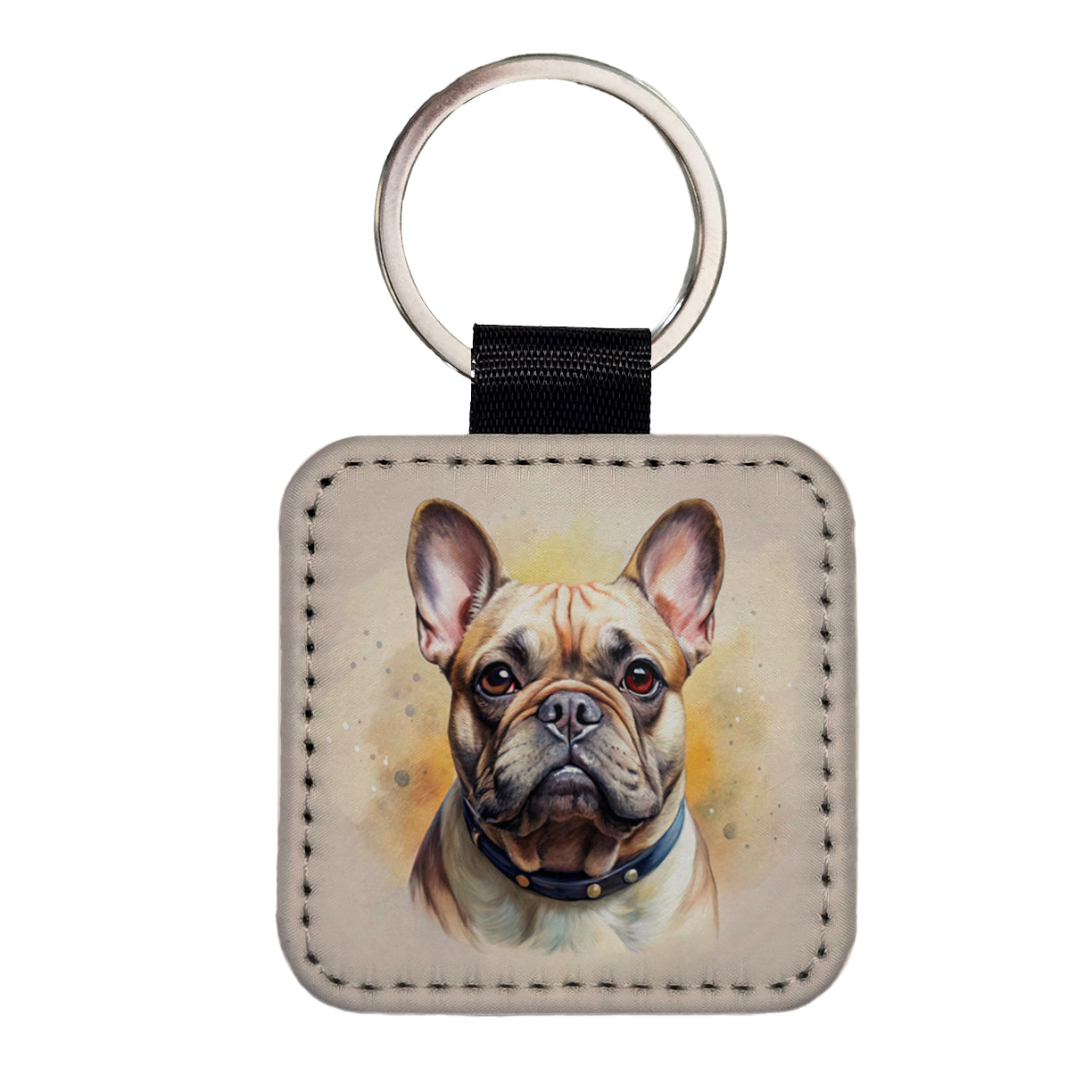 French Bulldog Frenchie Dog Illustration Square Faux Leather Keychain