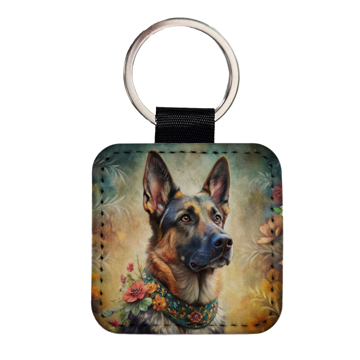 German Shepherd Dog French Bohemian Art Square Faux Leather Keychain