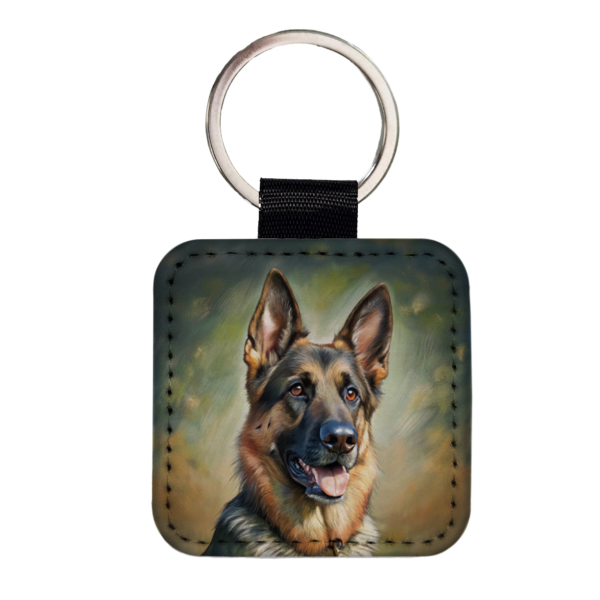 German Shepherd Dog Illustration Square Faux Leather Keychain