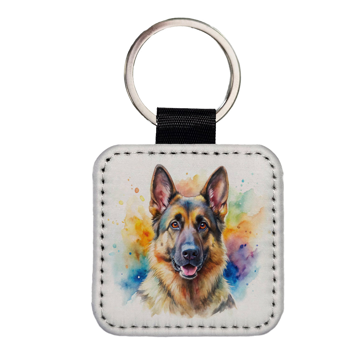 German Shepherd Dog Watercolor Style Square Faux Leather Keychain